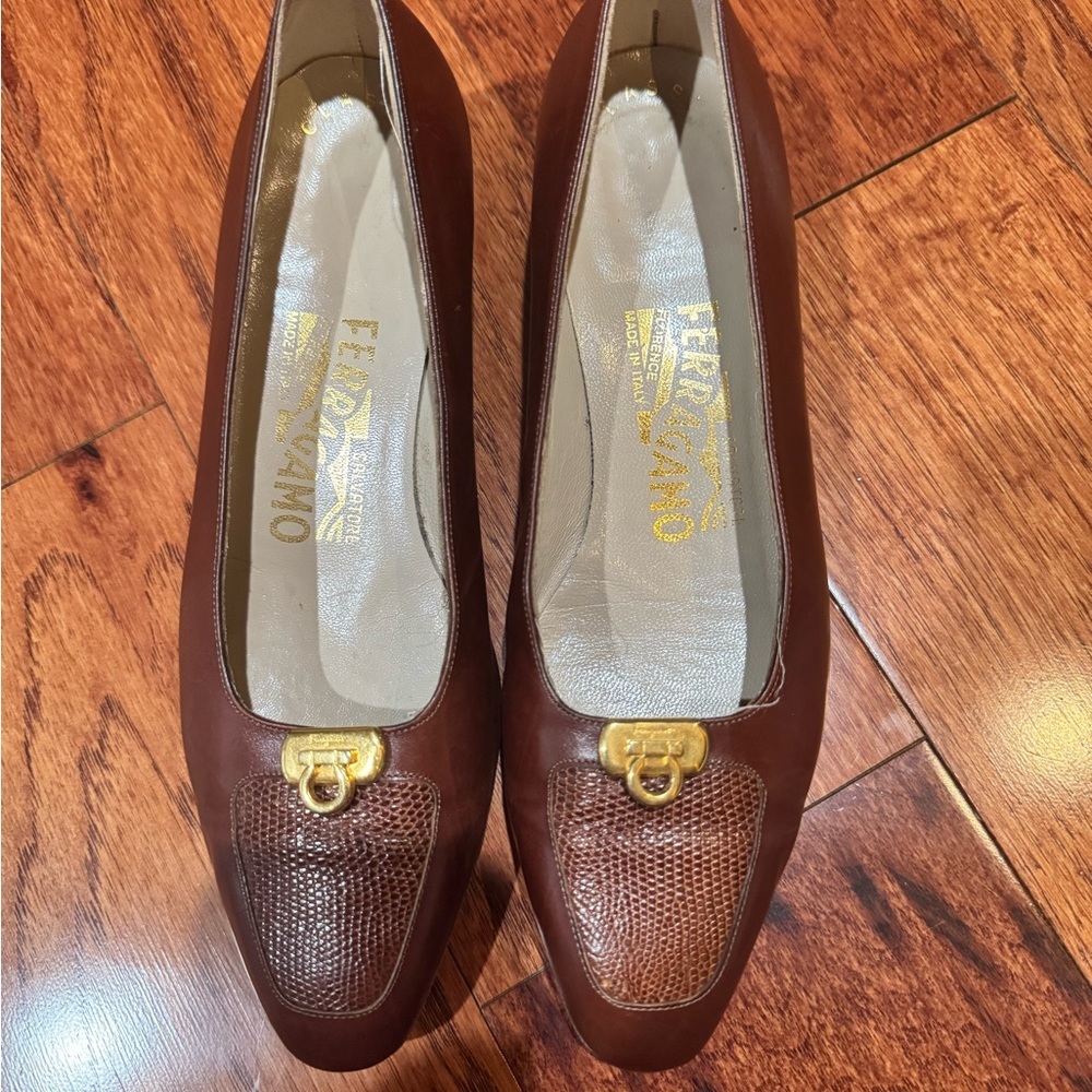 Salvatore Ferragamo Brown Leather Flats with Gold Accent